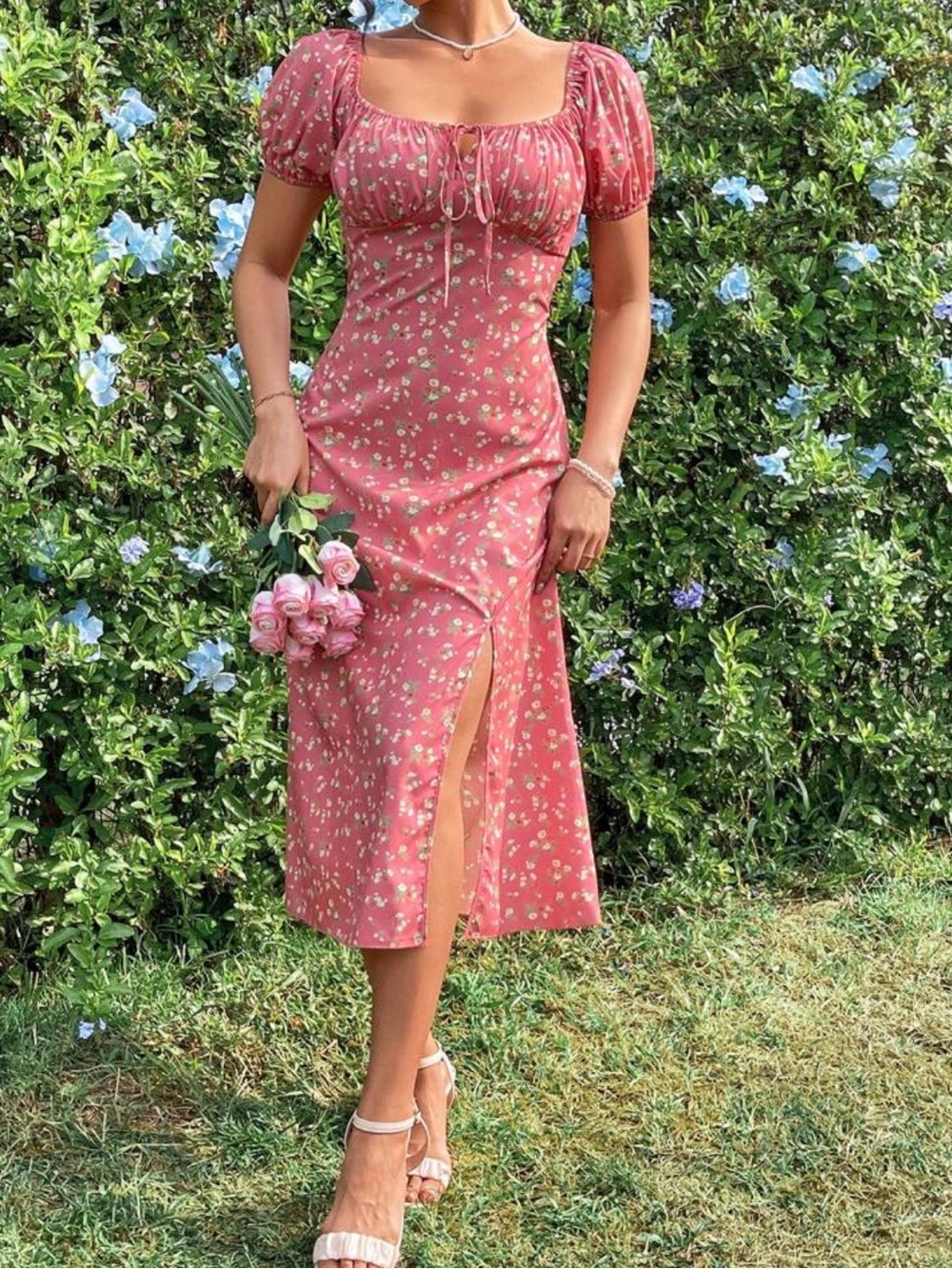 SHEIN Rose Pink Floral Midi Dress-Skirt with Front Slit